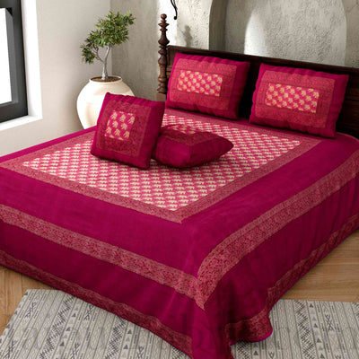 Maroon Rajasthani Zari Embroidered Lace Work Silk Double Bed Sheet