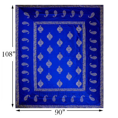 Blue Base Khadi Golden Printed Hand Block Work Silk Double Bed Sheet