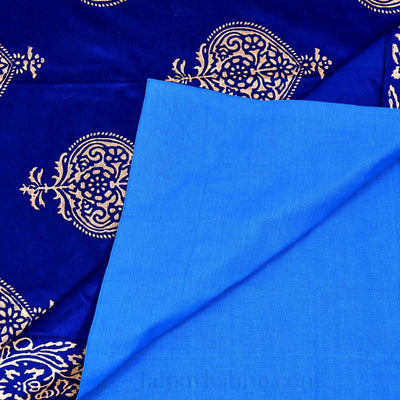 Blue Base Khadi Golden Printed Hand Block Work Silk Double Bed Sheet