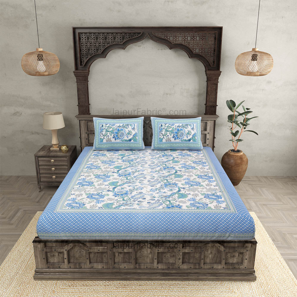 Botanica Blue Green Combo of Pure Cotton Double Bedsheet and Double Bed Dohar