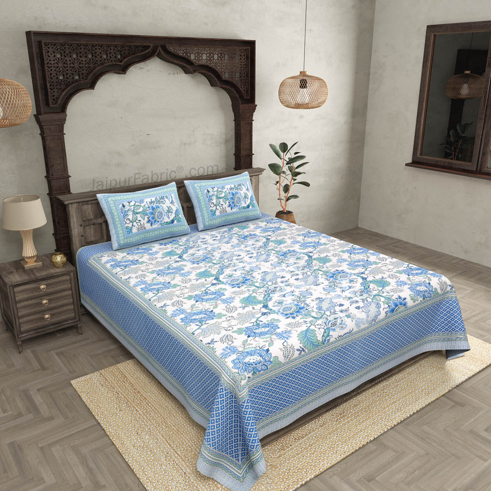 Botanica Blue Green Combo of Pure Cotton Double Bedsheet and Double Bed Comforter