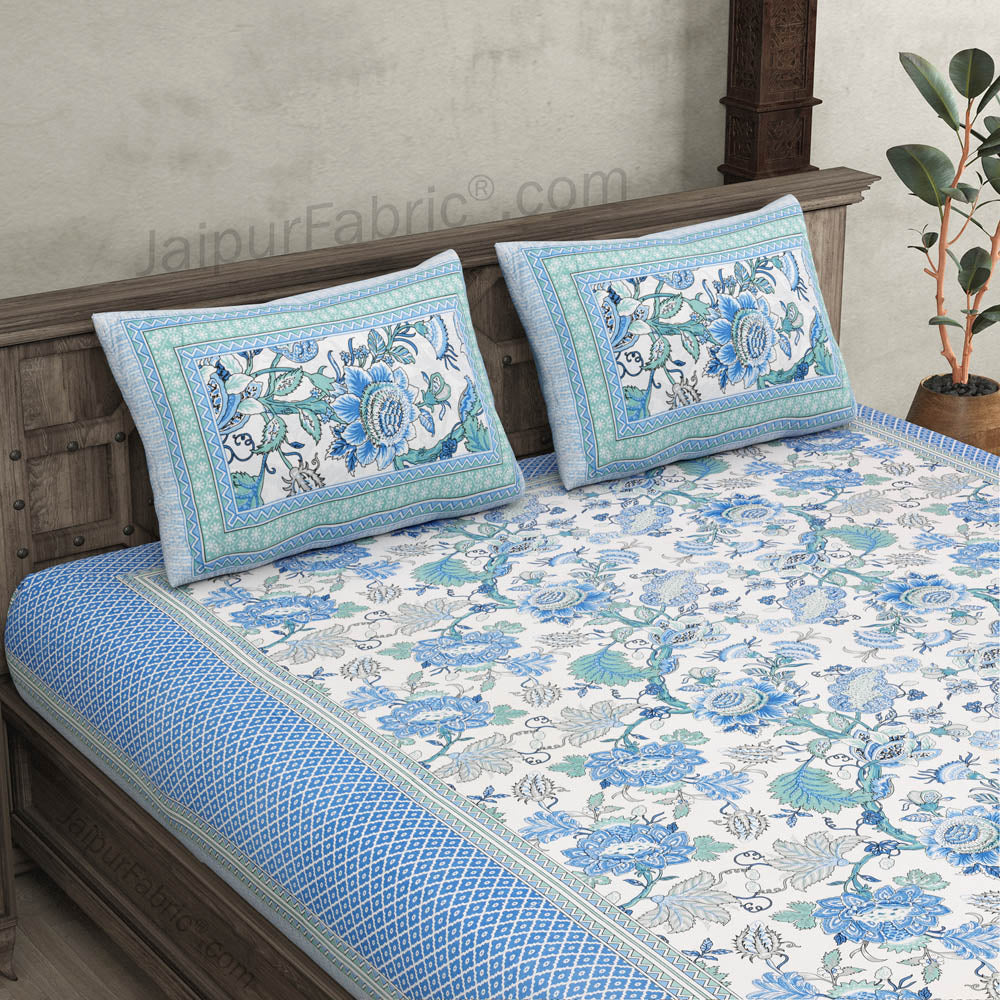 Botanica Blue Green Combo of Pure Cotton Double Bedsheet and Double Bed Comforter