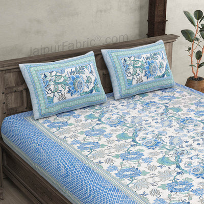 Botanica Blue Green Combo of Pure Cotton Double Bedsheet and Double Bed Comforter