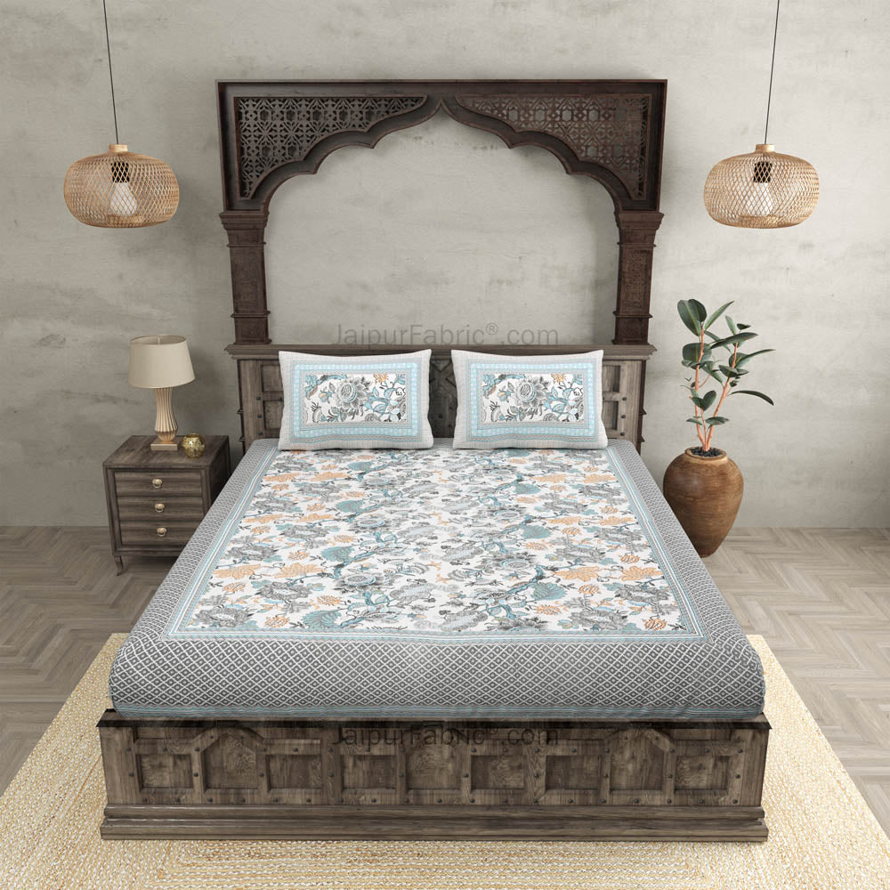 Botanica Teal Grey Combo of Pure Cotton Double Bedsheet and Double Bed Dohar