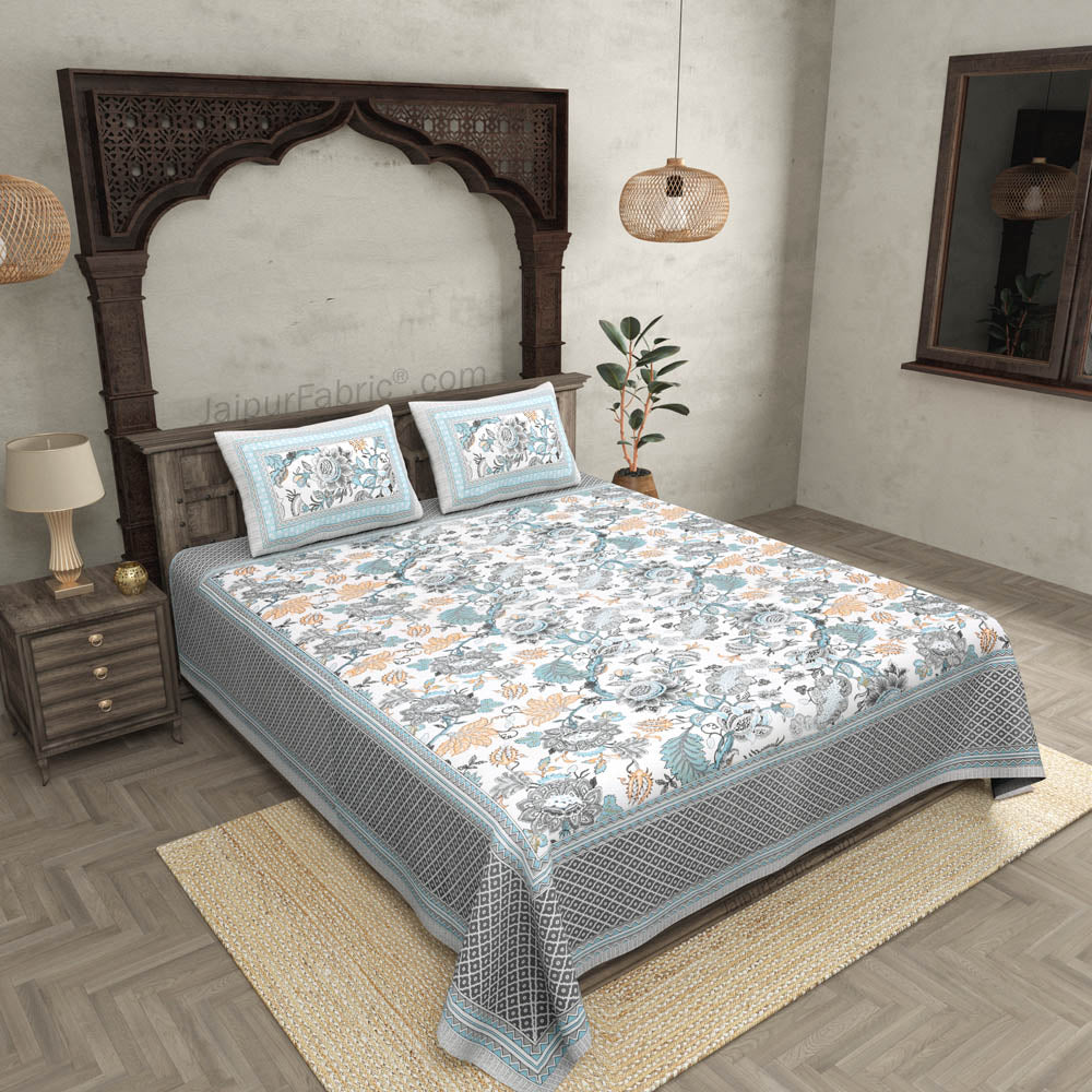 Botanica Teal Grey Combo of Pure Cotton Double Bedsheet and Double Bed Dohar