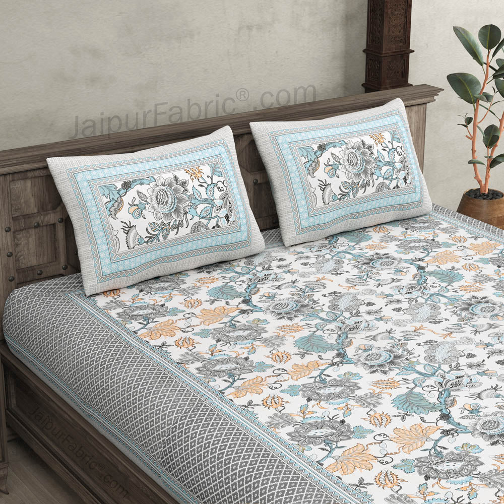 Botanica Teal Grey Combo of Pure Cotton Double Bedsheet and Double Bed Comforter