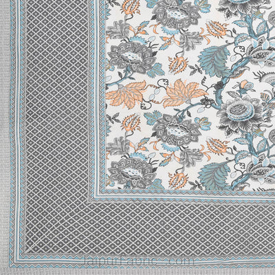 Botanica Teal Grey Combo of Pure Cotton Double Bedsheet and Double Bed Comforter