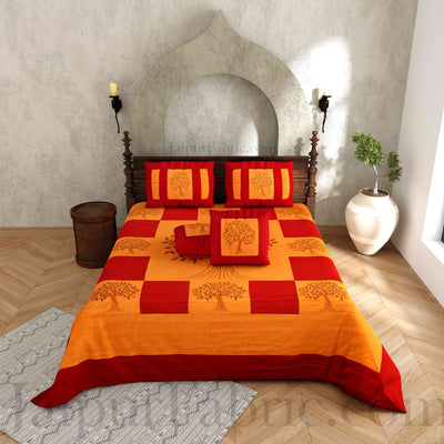 Orange Base Machine Embroidery Maroon Patch Work Silk Double Bed Sheet