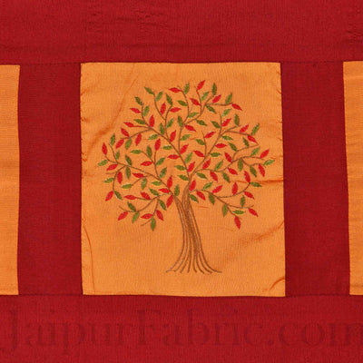 Orange Base Machine Embroidery Maroon Patch Work Silk Double Bed Sheet
