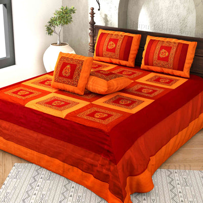 Orange Maroon Base Machine Embroidery and Zari Thread Work Silk Double Bed Sheet