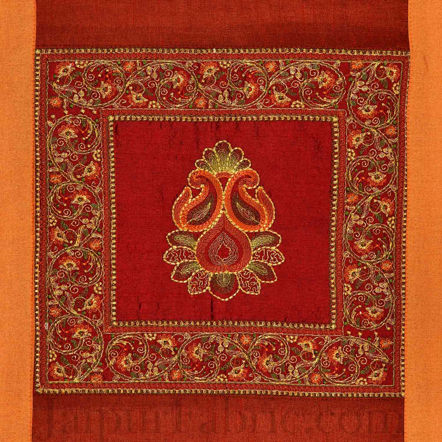 Orange Maroon Base Machine Embroidery and Zari Thread Work Silk Double Bed Sheet