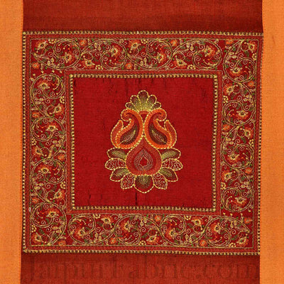 Orange Maroon Base Machine Embroidery and Zari Thread Work Silk Double Bed Sheet