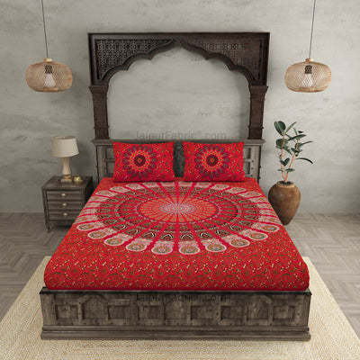 Red Mandala Double Bedsheet Tapestry with 2 Pillow Covers