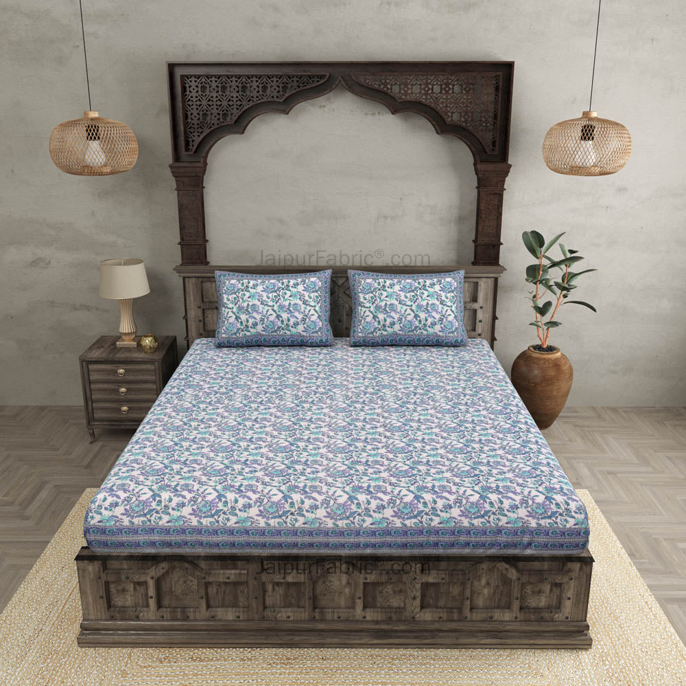 Indigo Garden Violet Combo of Pure Cotton Double Bedsheet and Double Bed Dohar