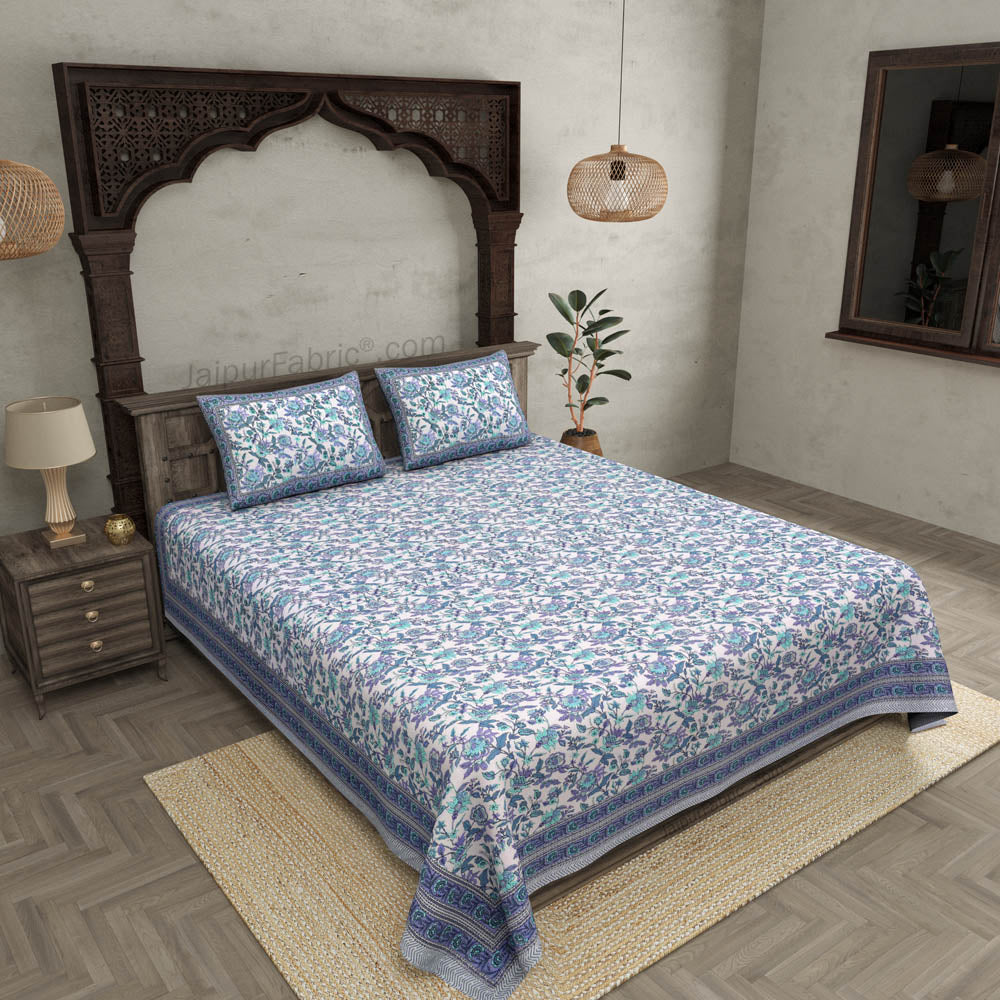 Indigo Garden Violet Combo of Pure Cotton Double Bedsheet and Double Bed Dohar