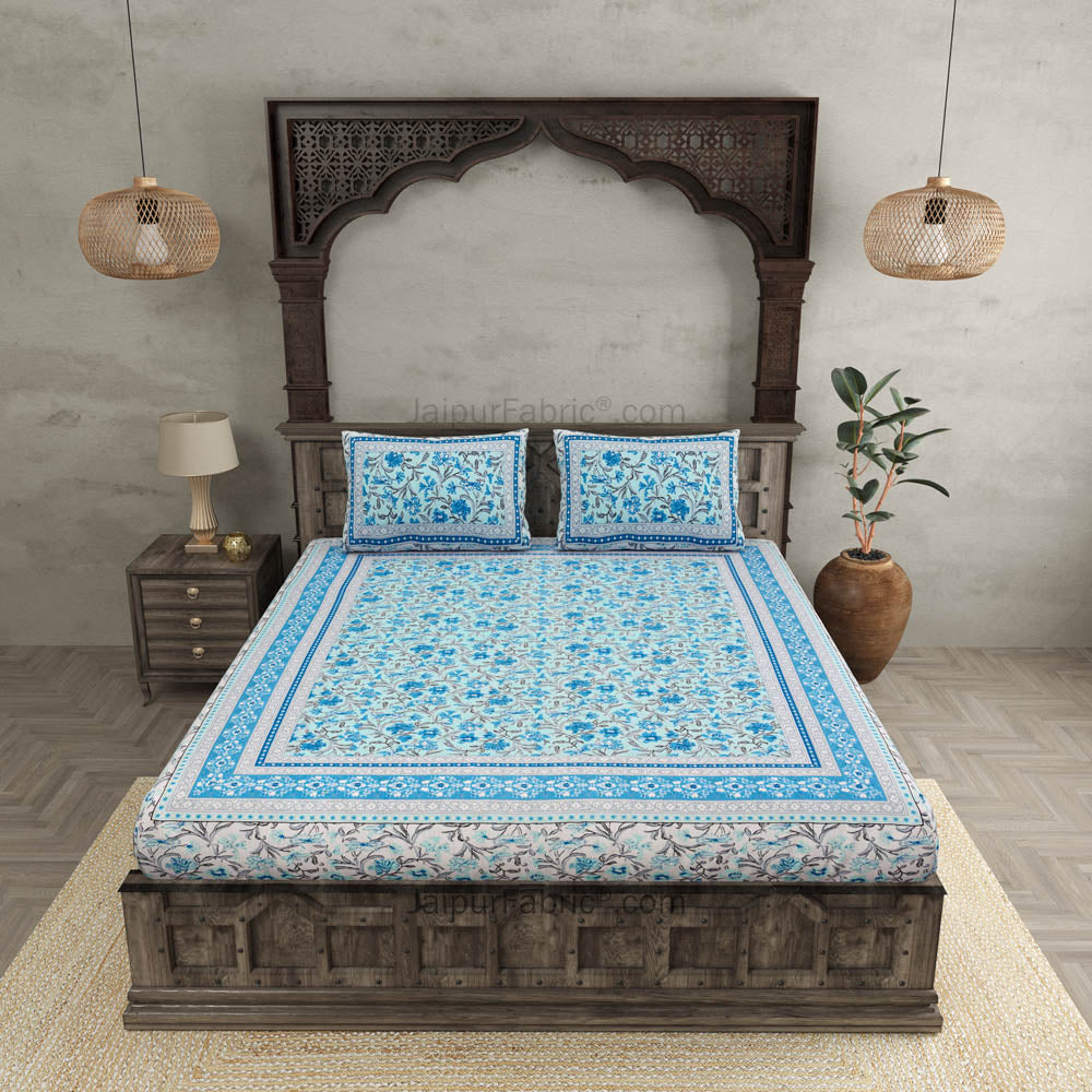 Botanica Sky Blue Combo of Pure Cotton Double Bedsheet and Double Bed Dohar