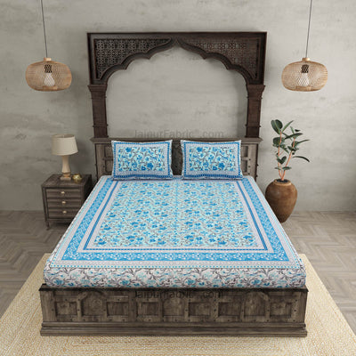 Botanica Sky Blue Combo of Pure Cotton Double Bedsheet and Double Bed Dohar