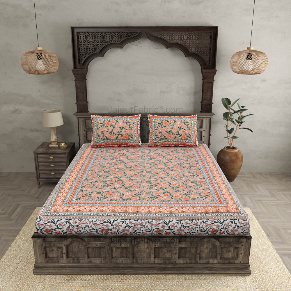 Bloom Coral Combo of Pure Cotton Double Bedsheet and Double Bed Dohar