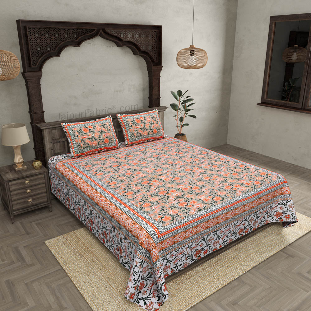 Bloom Coral Combo of Pure Cotton Double Bedsheet and Double Bed Dohar