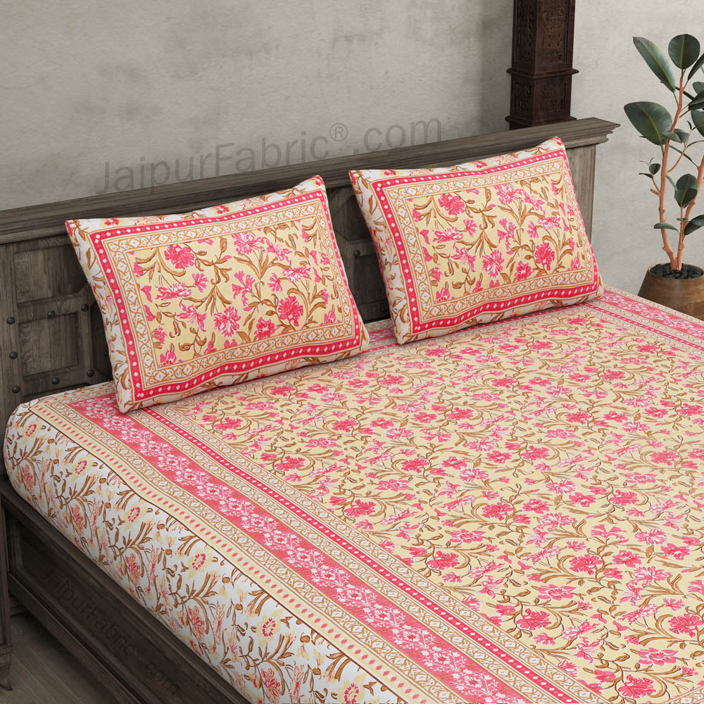 Bloom Peach Combo of Pure Cotton Double Bedsheet and Double Bed Dohar