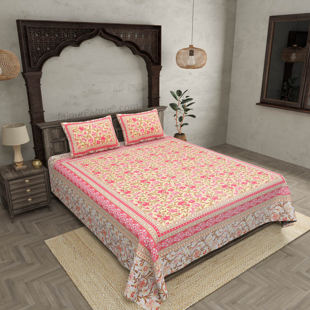 Bloom Peach Combo of Pure Cotton Double Bedsheet and Double Bed Dohar