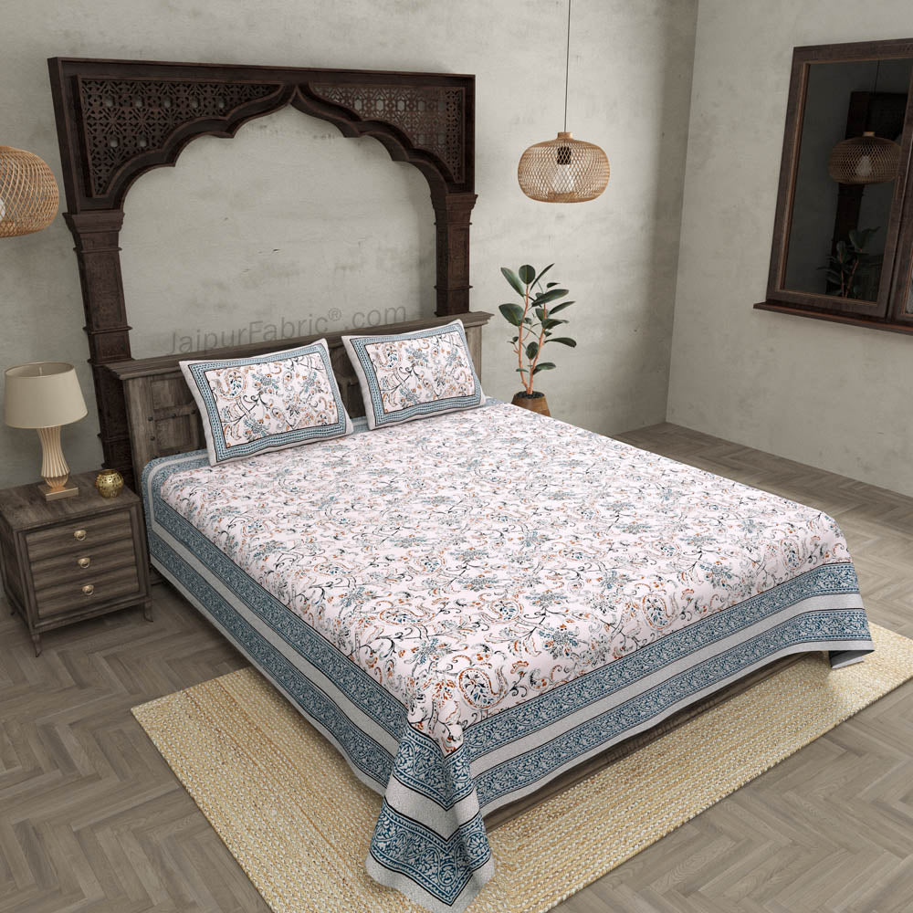 Paisley Trails Aqua Combo of Pure Cotton Double Bedsheet and Double Bed Dohar