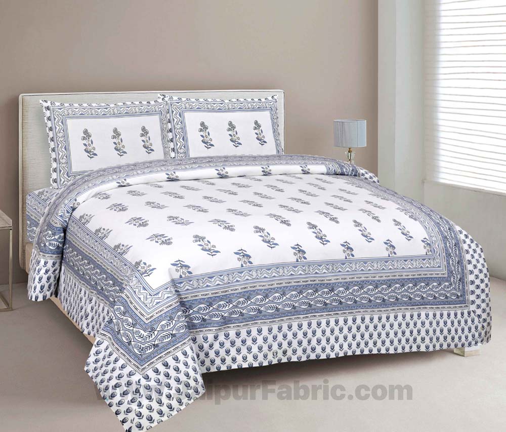 Lotus Vine Indigo White Combo of Pure Cotton Double Bedsheet and Double Bed Comforter