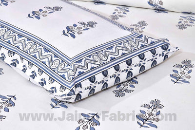 Lotus Vine Indigo White Combo of Pure Cotton Double Bedsheet and Double Bed Comforter