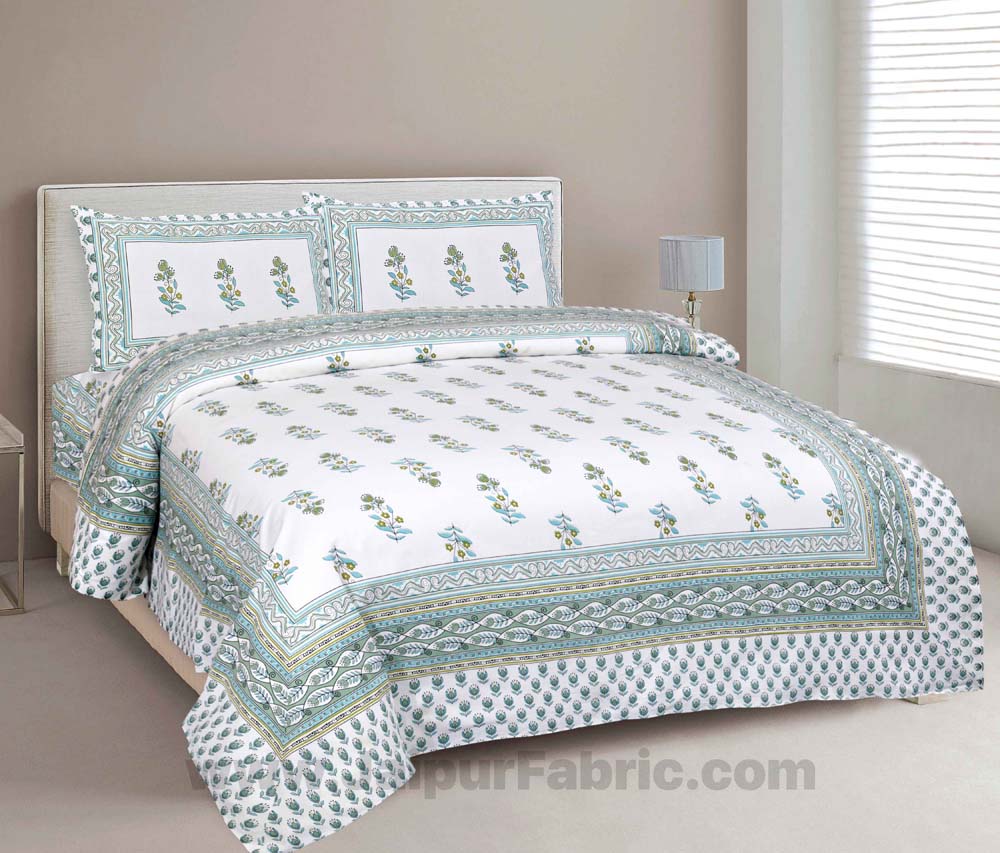 Lotus Vine Aqua Mint Combo of Pure Cotton Double Bedsheet and Double Bed Comforter