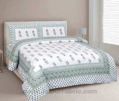 Lotus Vine Aqua Mint Combo of Pure Cotton Double Bedsheet and Double Bed Comforter