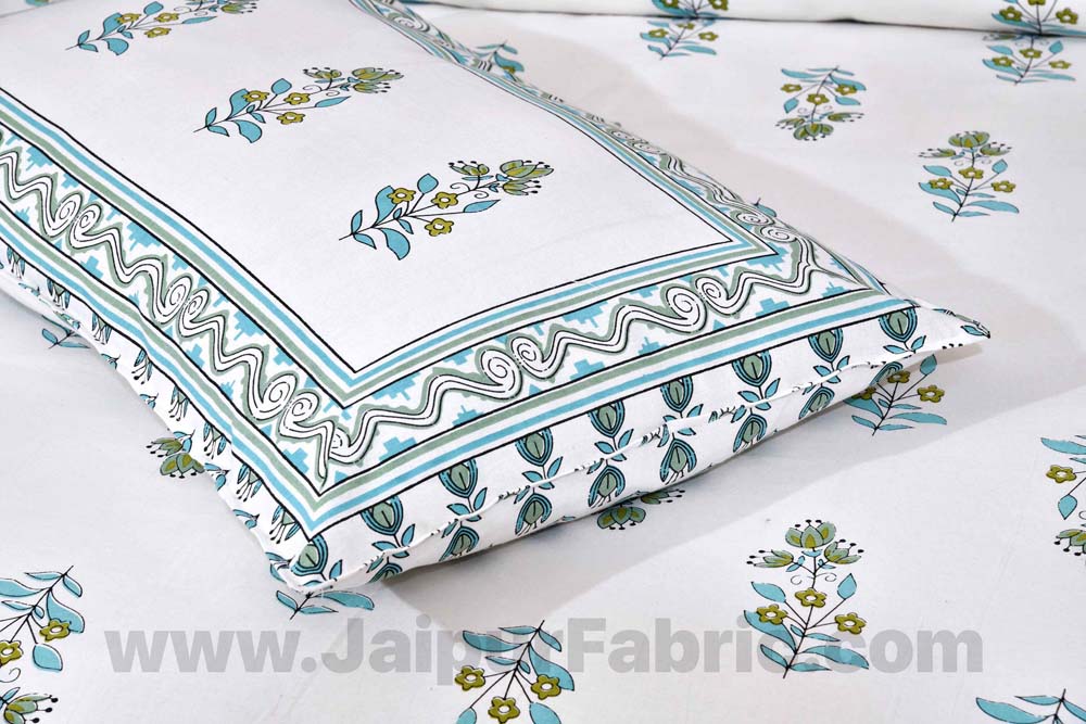 Lotus Vine Aqua Mint Combo of Pure Cotton Double Bedsheet and Double Bed Comforter