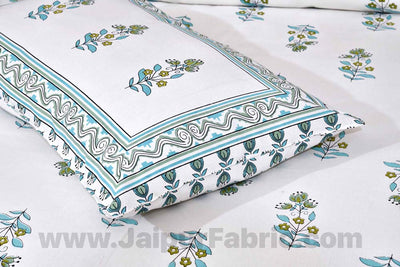 Lotus Vine Aqua Mint Combo of Pure Cotton Double Bedsheet and Double Bed Comforter