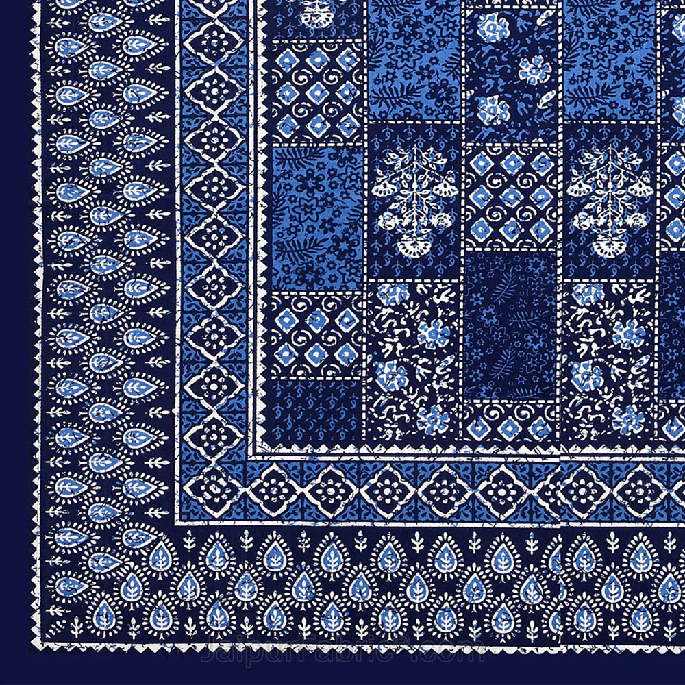 Blue Floral Polygons Dabu Print Jaipuri Double Bedsheet