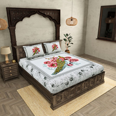 Majestic Peacock Dreams Pink & Blue Cotton Double Bedsheet