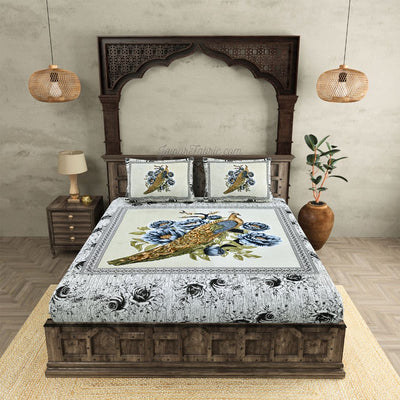 Indigo Night Peacock Symphony Cotton Double Bedsheet Kohler-Peacock Fusion
