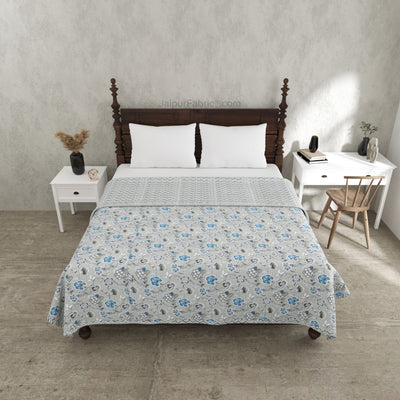 Silver Petals Grey Floral Cotton Reversible Double Bed Dohar
