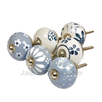 English Ceramic Knob Set of 6 Pcs Fabricated Knobs for Doors and Cabinets with Brass Blue Pottery