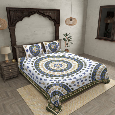 Double bedsheet Mehandi Green Border With Elephant Print Fine Cotton With Two Pillow Cover