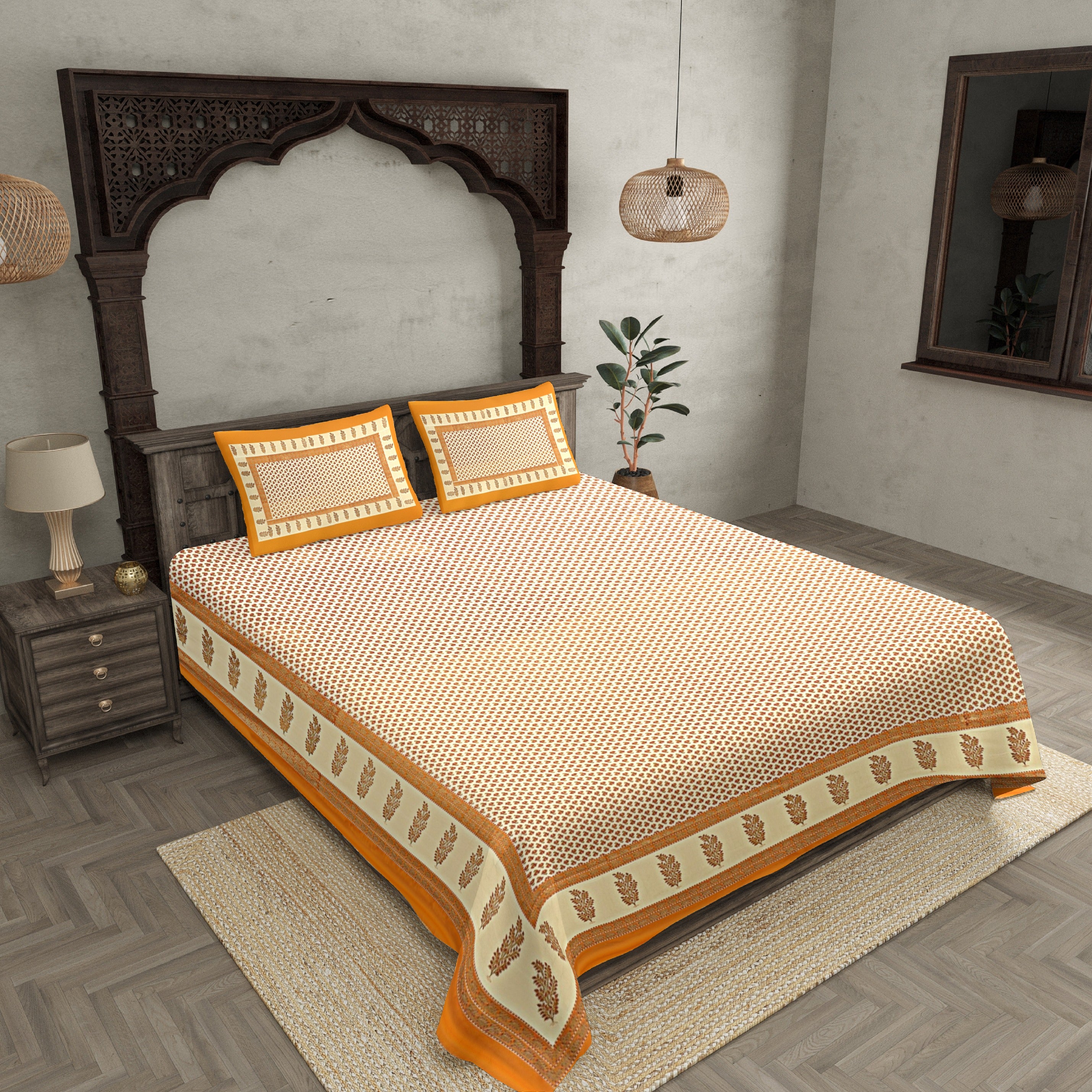 Orange Border Cream Base With booti Pattern With Golden Print Super Fine Cotton Double Bed Sheet