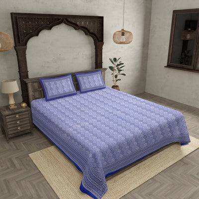 Double Bedsheet Big Bell  Print Blue Border Fine Cotton