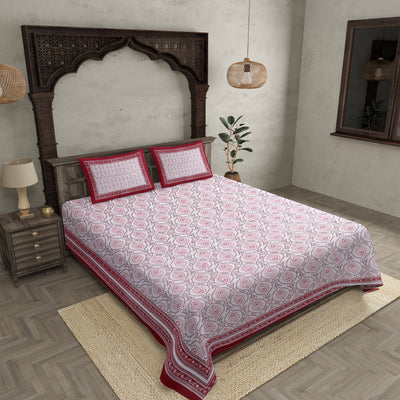 Double Bedsheet Rangoli Print Red Pink Border Fine Cotton