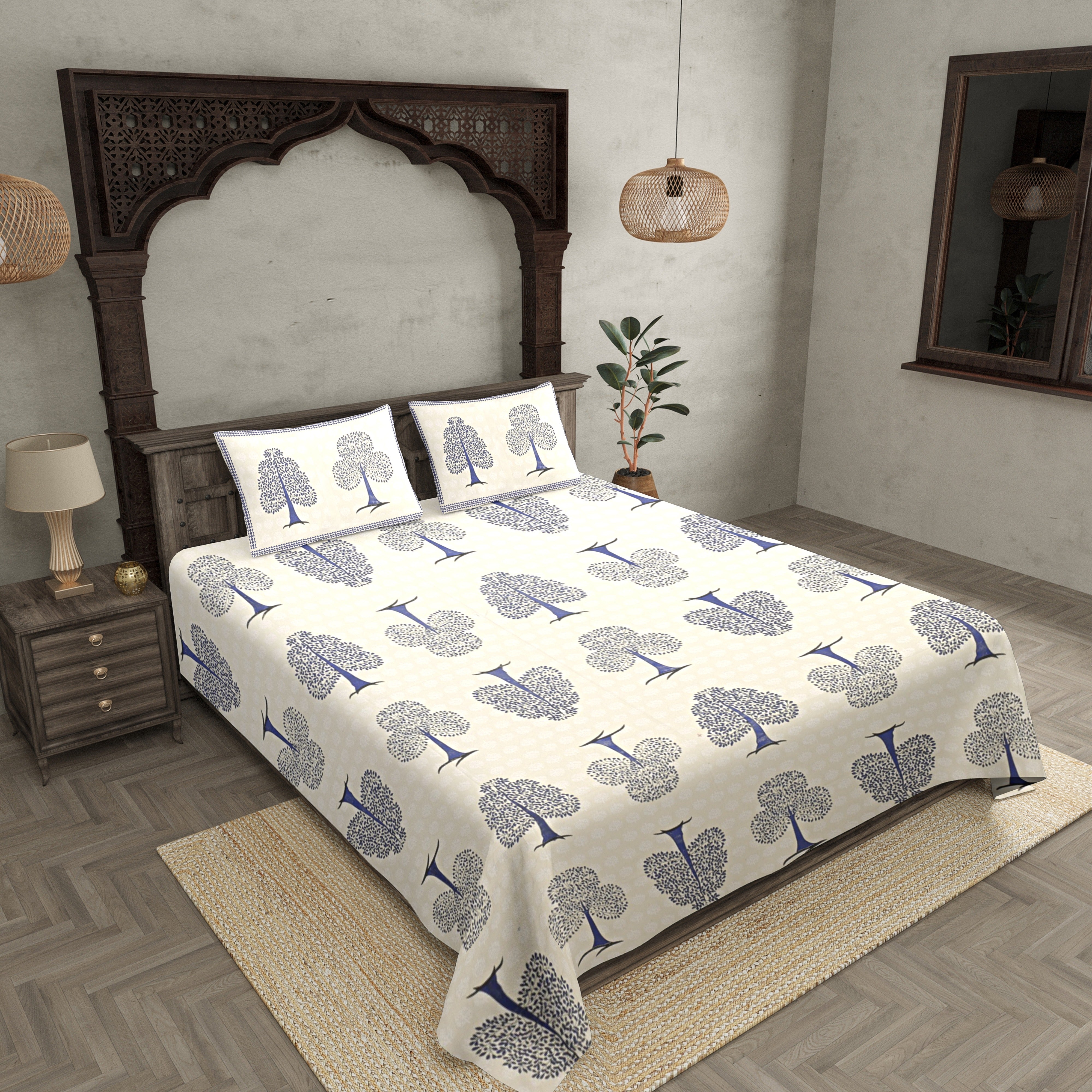 Double bedsheet Blue Small Tree Smooth Cotton Screen Print