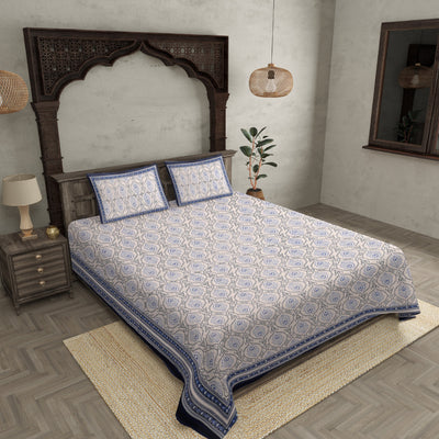 Double Bedsheet Rangoli Print Blue Border Fine Cotton