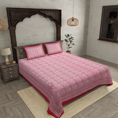 Double Bedsheet Big Bell  Print Red Pink Border Fine Cotton