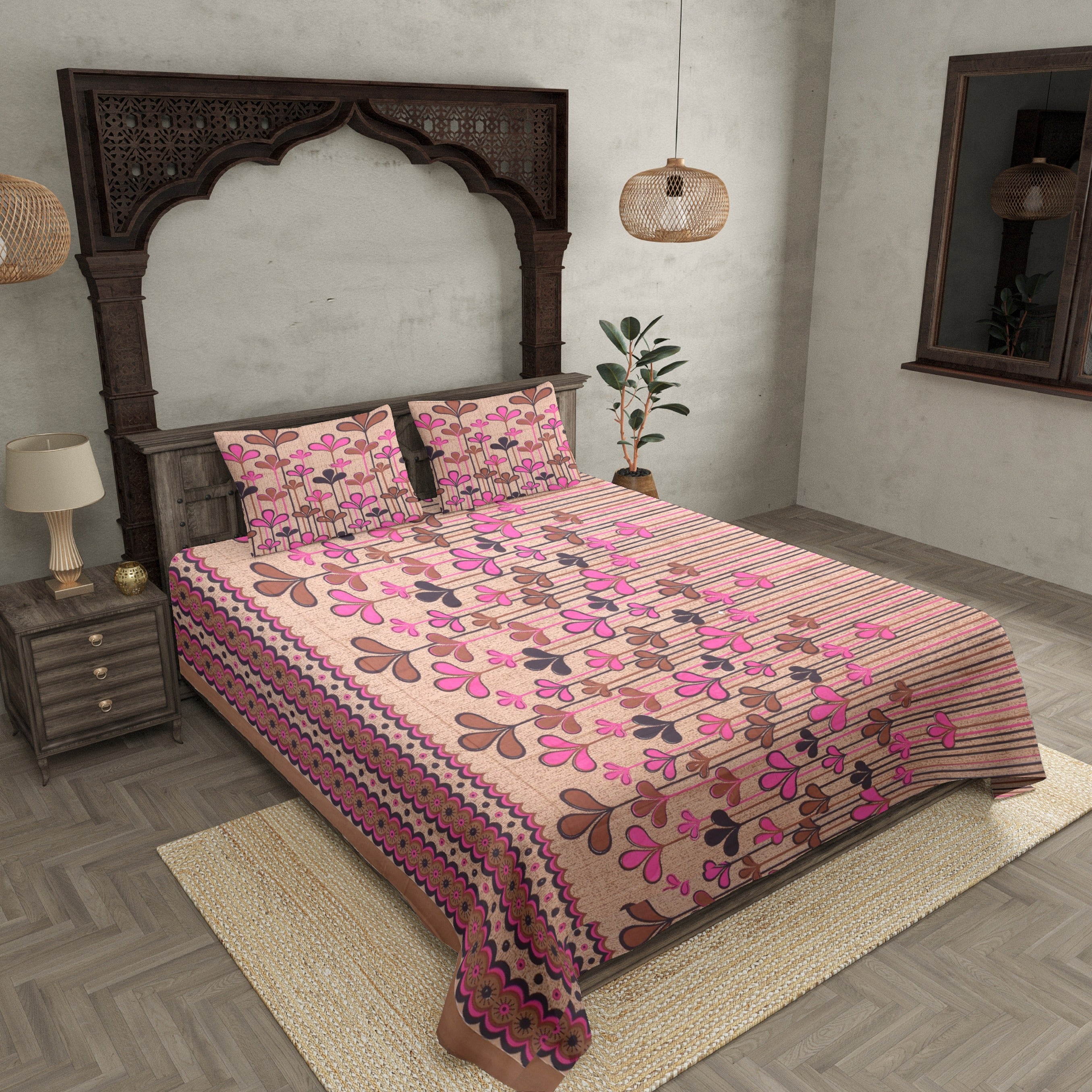 Pure Cotton Brwon Base Pink Leaves Print Jaipuri Procian Bedsheet