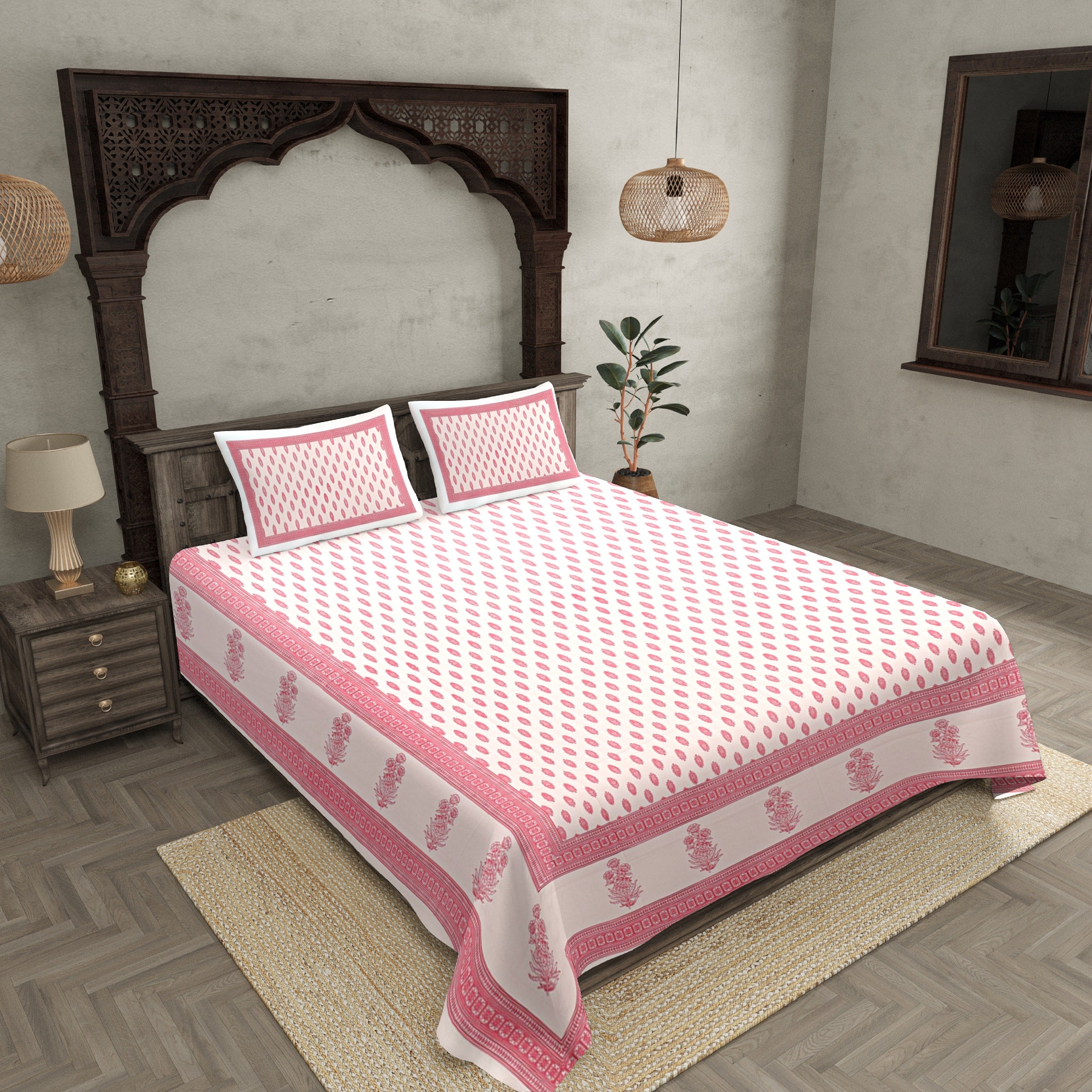 Double Bedsheet White Base Small Leaf With Two Pillow Cover