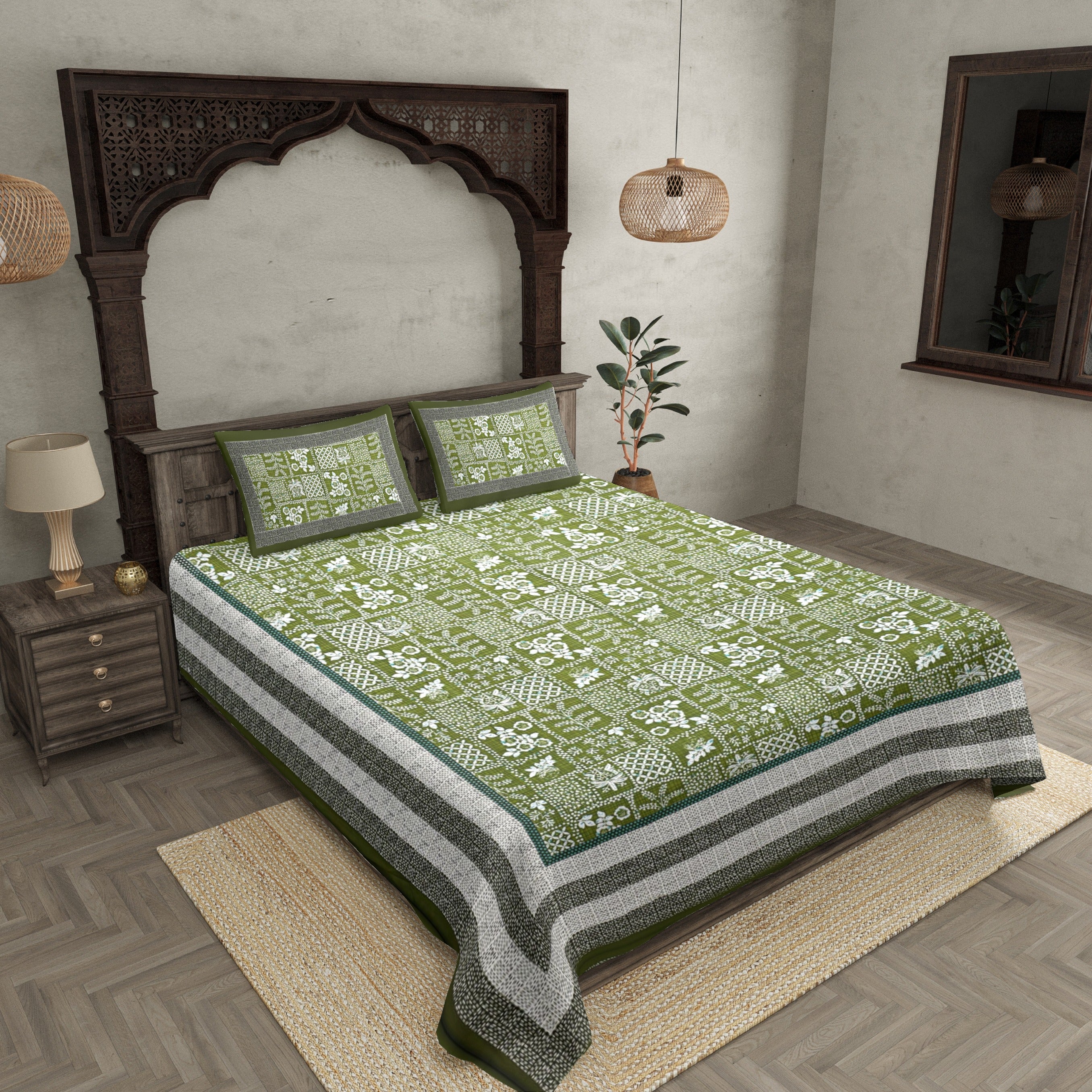 Double Bedsheet Green Border With Check Print Green Base