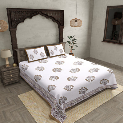 Double bedsheet Tortila Brown Flower Bunch  Hand Block Print