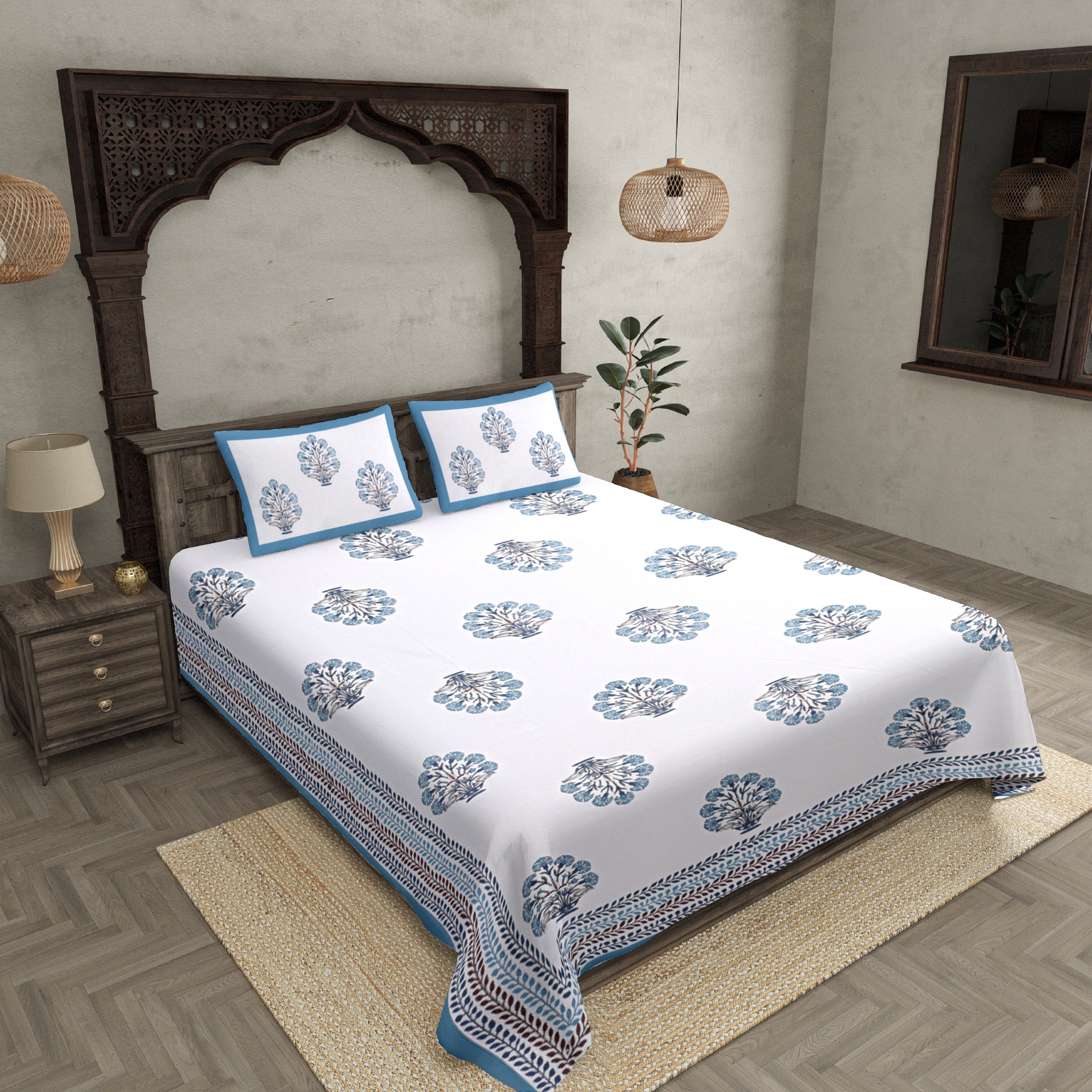 Double bedsheet Carolina Blue Flower Bunch Hand Block  Print