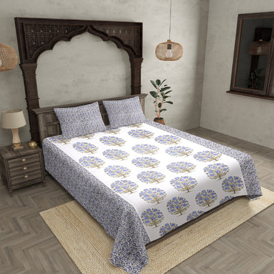 Double Bedsheet Gray Blue Floral Tree Print
